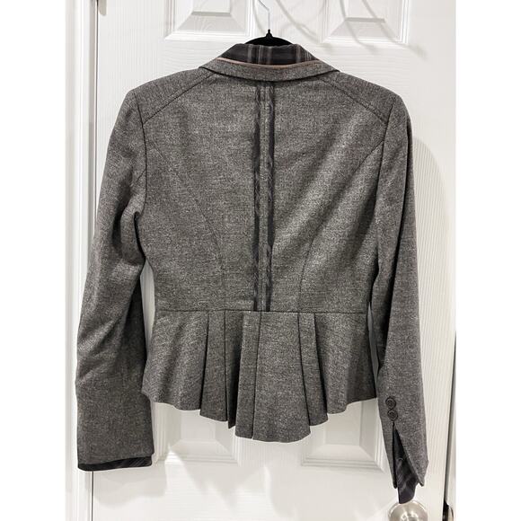 Bebe Jacket Womens 6 Charcoal Blazer 2 Button Tweed Texture Plaid Trim Peplum - Picture 3 of 16